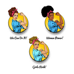 We Can Do It. Woman power. Girls rock. Pop art sexy strong girls on white background. Classical american symbol of female rights, protest, feminism. Vector set of objects in retro comic style. - 190383904