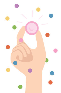 Fun and Safe party - Hand holding pink condom with fingers. Safe sex and Confetti. Isolated vector illustration
