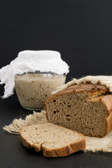 Homemade rye bread on the burlap. Healthy food.