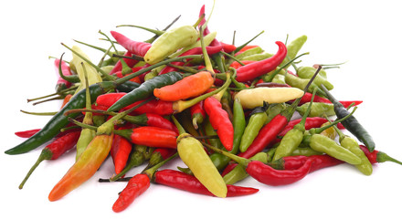 Colorful chili peppers isolated on white background