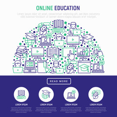 Online education concept in half circle with thin line icons: online course, webinar, e-book, video conference, home studying, wise owl in graduation cup. Modern vector illustration, web page template