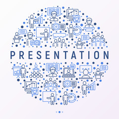 Presentation concept in circle with thin line icons: seminar, human at tribune, meeting, projector, audience, video call, conference, discussion. Modern vector illustration for print media, web page.
