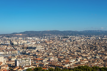 Fototapeta na wymiar Aerial panoramic view of Marseille from basilica of Notre Dame de la Garde in Marseille, Provence, France