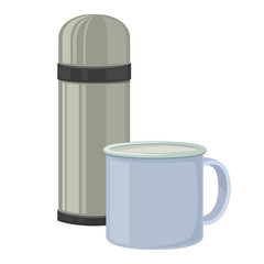 Thermos and mug for camping tourism, cartoon illustration of travel equipment. Vector