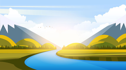 Fototapeta na wymiar Vector Beautiful Flat Illustration Style Landscape in Spring/Summer. River Mountains and Trees.