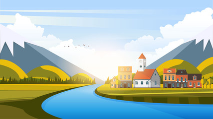 Vector Beautiful Flat Illustration Style Landscape in Spring/Summer. River Mountains and Trees.