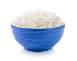 rice in blue bowl on white background