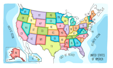 Vector map of the United States of America. Colorful sketch illustration with all 50 states
