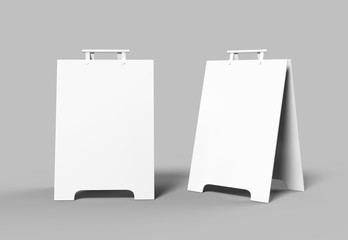 Crezon or PVC A-frame sandwich boards for design mock up and presentation. white blank 3d render illustration.