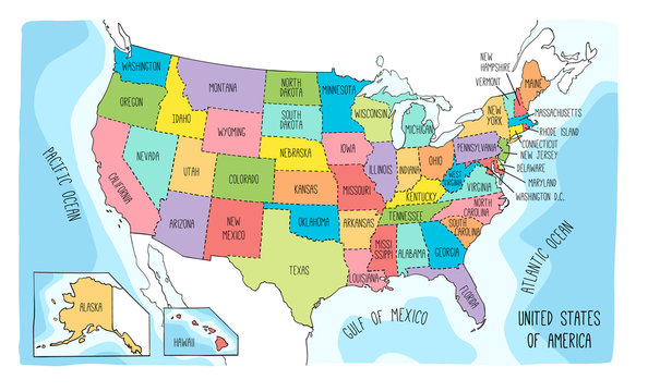 Vector map of the United States of America. Colorful sketch illustration with all 50 states
