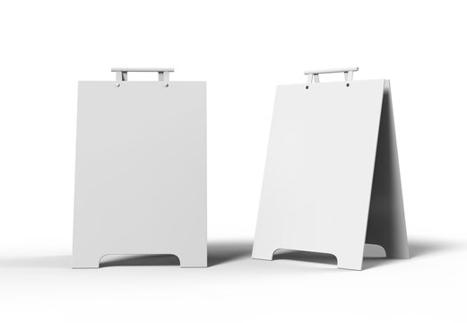 Crezon or PVC A-frame sandwich boards for design mock up and presentation. white blank 3d render illustration.