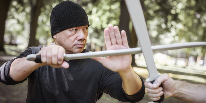 Lameco Astig Combatives instructor demonstrates sword fighting techniques