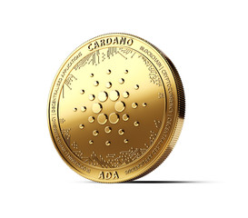 Golden CARDANO (ADA) cryptocurrency physical concept coin isolated on white background. 3D rendering