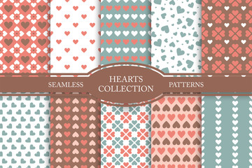 Fototapeta premium Collection of seamless patterns with hearts in retro colors. Vintage cute backgrounds
