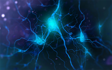 Neuron cells with glowing link knots. 3D illustration