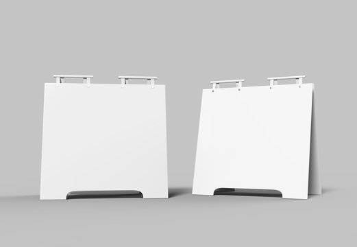 Crezon or PVC A-frame sandwich boards for design mock up and presentation. white blank 3d render illustration.