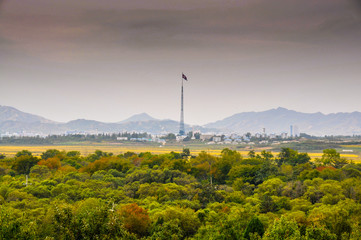 DMZ, SOUTH KOREA - 26 September 2014: North Korean ghost town, seen on the border with North Korea...