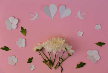 Real white flowers bouquet with paper hearts, flowers and birds