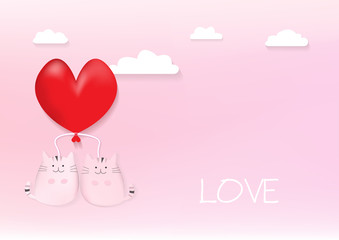 Two cute cats on a red heart balloon with clouds on pink background that can use for valentine or wedding card. Love letter.