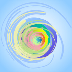 Abstract drawing. Spirals, fuzzy twisting circles, painted with large strokes. The main colors of the vector are shades of blue and green.