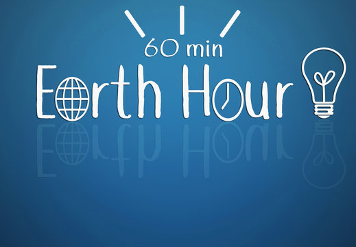 Earth Hour illustration. Blue background with a symbols of lamp, Earth and clock