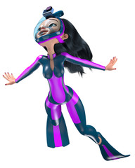 Snorkeling/ A girl with long hair in a blue-purple diving suit is swimming underwater. She wears fins and a full-face snorkeling mask with an action camera. 3D illustration