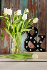 White tulips in glass jar. Wooden background.