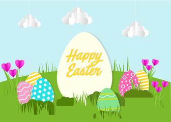 Fototapeta na wymiar Happy Easter greeting card. A realistic vector image that simulates paper cut