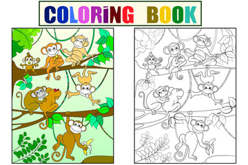 Family of monkeys on a tree color book for children cartoon vector. Coloring, black and white