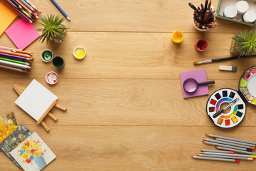 Desktop with various stationery for school education, top view