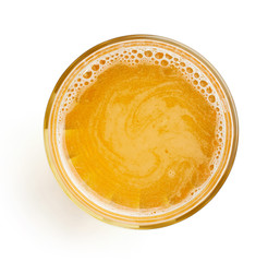 glass of fresh apple juice isolated on white, from above