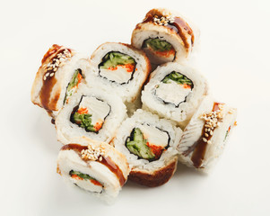 Set of fish rolls isolated on white, closeup