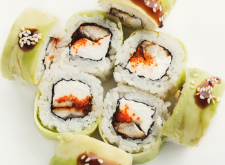 Set of fish rolls isolated on white, closeup
