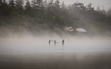 Foggy Beach with Surfers