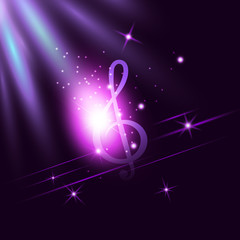 Radiant neon music Treble Clef on dark ultraviolet illuminated background. Disco, jazz, pop, concert, club, song, rhythm