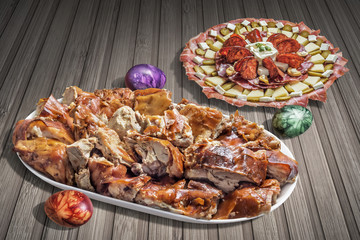Appetizer Savory Dish Meze And Spit Roasted Pork Meat Slices Served On Porcelain Tray With Decorated Easter Eggs Set Beside On Rustic Slatted Wooden Garden Table