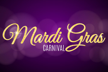 Flyer for Mardi Gras carnival. Gold glitter text with golden sparkles. Abstract bokeh lights. Gold particles shine. Vector © sersupervector