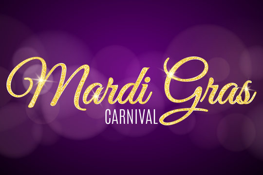 Flyer for Mardi Gras carnival. Gold glitter text with golden sparkles. Abstract bokeh lights. Gold particles shine. Vector