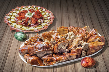 Appetizer Savory Dish Meze And Spit Roasted Pork Meat Slices Served On Porcelain Tray With Decorated Easter Eggs Set Beside On Rustic Slatted Wooden Garden Table