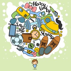 The image of a boy or a man and his thoughts in the form of a circle drawn by a contour. Color illustration for design or print. A set of different male objects. Beautiful illustration.