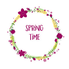 Spring time floral frame with flowers isolated on white background. Vector template for greeting card, invitation, poster, banner, voucher, wallpaper, flyer, brochure, coupon discount.