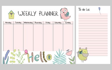 Hand drawing vector weekly planner with owls.