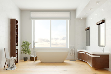 Badewanne im Bad mit Dielen aus Holz