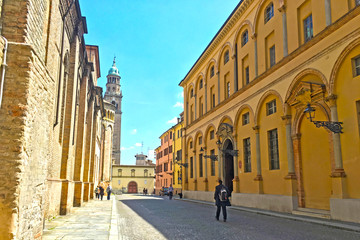 PARMA, ITALY - Colourful buildings leading to Piazza Duomo, beautiful and historic cathedral in main square of the Italian city, Emilia Romagna