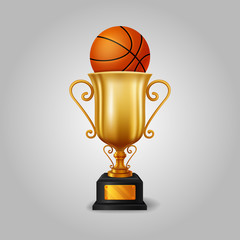 Realistic Golden trophy cup with a Basketball ball. Vector illustration