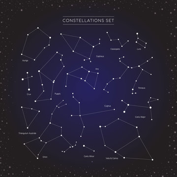 constellation in cosmos background, group of star in galaxy, astronomy set, vector illustration