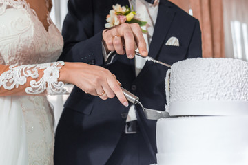 Brides cut wedding cake.