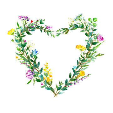 Frame of heart of a eucalyptus branches and wild flowers and herbs.Buttercup,cornflower,clover,bluebell,forget-me-not,vetch,grass,lobelia,snowdrop.Floral border.Valentine's Day.Watercolor hand drawn
