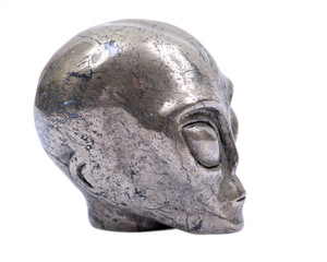 Gemstone Pyrite  from Brazil Carved Crystal Star Being, Female Alien Skull, isolated on white background