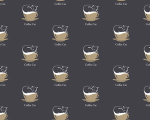 Seamless pattern with silhouette of white cat sleeping or lying and resting on brown coffee cup on black coffee style background. Coffee foam. EPS 10 Vector illustration